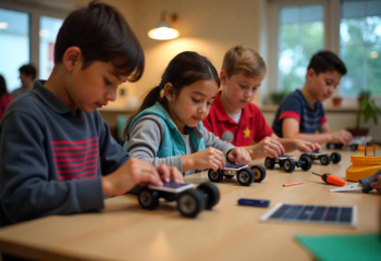 KI Foto, Kinder bauen am Tisch an Solarautos