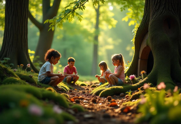 KI Fotos von sitzenden Kindern im Wald
