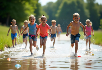 Ki Bild von Kindern die auf einem nassen Weg rennen